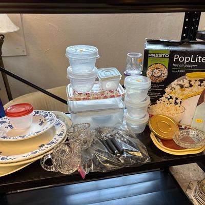 Presto hot air popper, silverware, trays, plasticware
