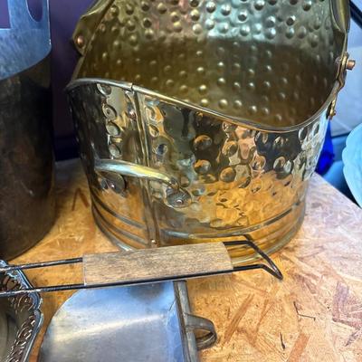 Brass ash bucket, silver plate & trays