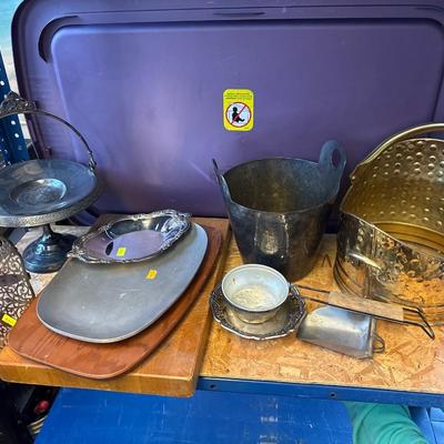 Brass ash bucket, silver plate & trays