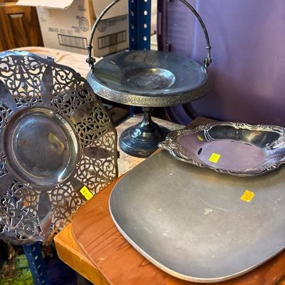 Brass ash bucket, silver plate & trays