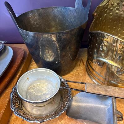 Brass ash bucket, silver plate & trays