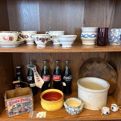 Coca-Cola and Stewart’s root beer bottles, crock, tea cups,