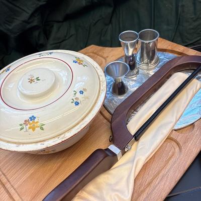 New bread knife, Vintage casserole, silver plate, and more