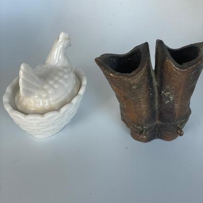 Brass mini cowboy boots and small chicken on nest