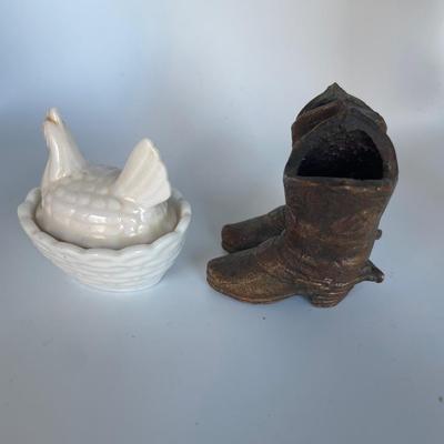 Brass mini cowboy boots and small chicken on nest