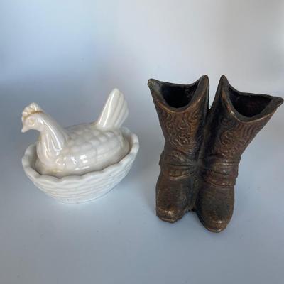 Brass mini cowboy boots and small chicken on nest
