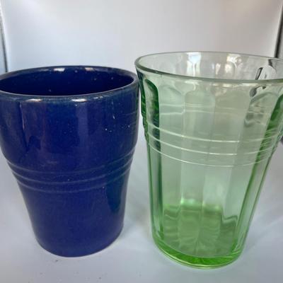 White milk glass mixing bowl with green depression glass cup and blue fiesta style cup