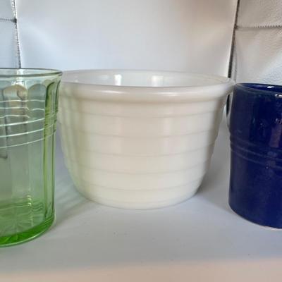 White milk glass mixing bowl with green depression glass cup and blue fiesta style cup