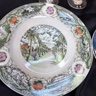 Silver rimmed stemware, Hawaii and Florida plates
