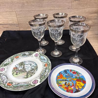 Silver rimmed stemware, Hawaii and Florida plates