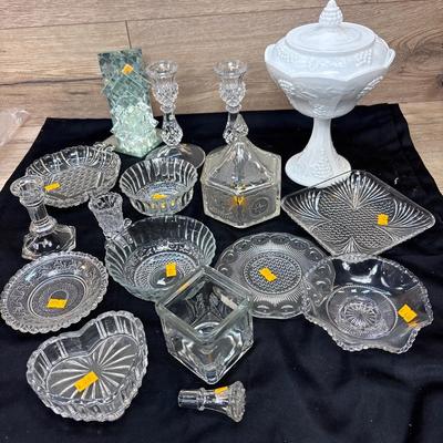Lg. Covered milk glass and clear glass lot