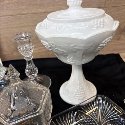 Lg. Covered milk glass and clear glass lot