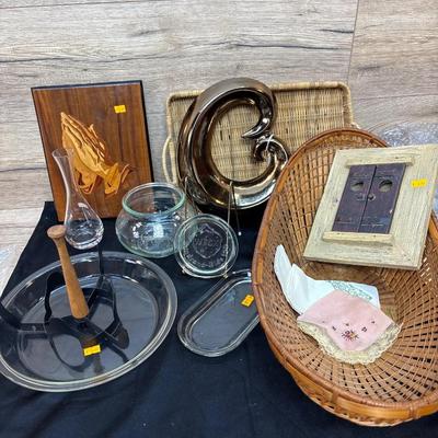 Weck glass covered jar, Pyrex, basket lot