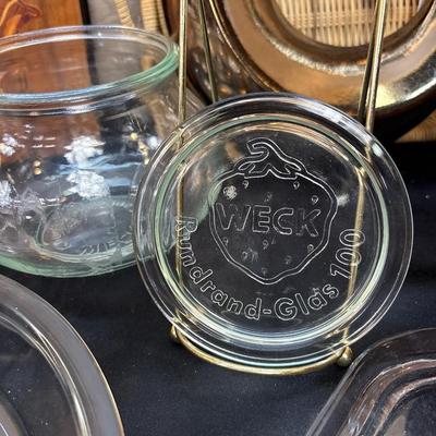 Weck glass covered jar, Pyrex, basket lot