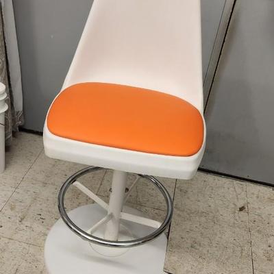 Sale Photo Thumbnail #2: You are bidding on one stool! There are 5 available. Arthur Umanoff designed with new orange upholstery. These are adjustable to 4 heights between 23" and 29"from floor to seat. This listing is the stool marked #1