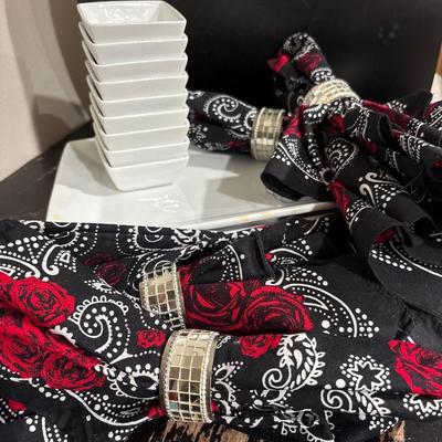 Tidbit dishes, serving trays, napkins, napkins rings!