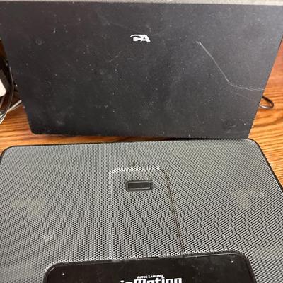 Portable DVD player with cords, microphones, and more