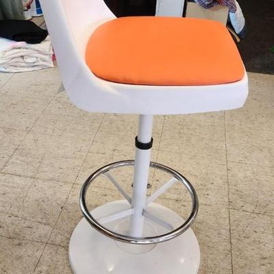Sale Photo Thumbnail #19: You are bidding on one stool! There are 5 available. Arthur Umanoff designed with new orange upholstery. These are adjustable to 4 heights between 23" and 29"from floor to seat. This listing is the stool marked #2
