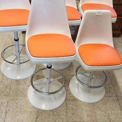 Sale Photo Thumbnail #15: You are bidding on one stool! There are 5 available. Arthur Umanoff designed with new orange upholstery. These are adjustable to 4 heights between 23" and 29"from floor to seat. This listing is the stool marked #2
