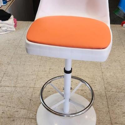 Sale Photo Thumbnail #16: You are bidding on one stool! There are 5 available. Arthur Umanoff designed with new orange upholstery. These are adjustable to 4 heights between 23" and 29"from floor to seat. This listing is the stool marked #2