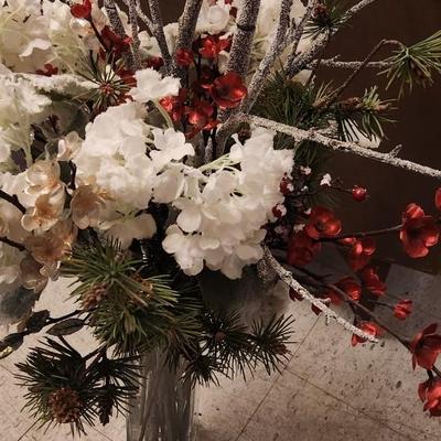Sale Photo Thumbnail #116: Large Crystal Vase with Christmas themed Silk Flowers and branches. Adorable metal Christmas themed fireplacescreen.