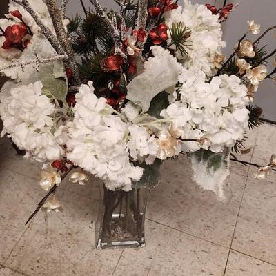 Sale Photo Thumbnail #115: Large Crystal Vase with Christmas themed Silk Flowers and branches. Adorable metal Christmas themed fireplacescreen.