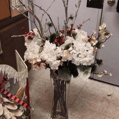 Sale Photo Thumbnail #113: Large Crystal Vase with Christmas themed Silk Flowers and branches. Adorable metal Christmas themed fireplacescreen.