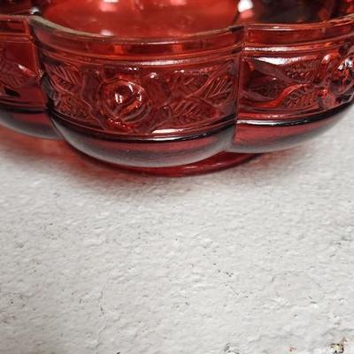 Sale Photo Thumbnail #139: Misc lot of red glass...the scallop, handled bowl is flashed color. The rest are red glass
