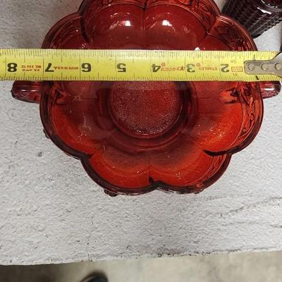 Sale Photo Thumbnail #140: Misc lot of red glass...the scallop, handled bowl is flashed color. The rest are red glass