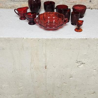 Sale Photo Thumbnail #134: Misc lot of red glass...the scallop, handled bowl is flashed color. The rest are red glass