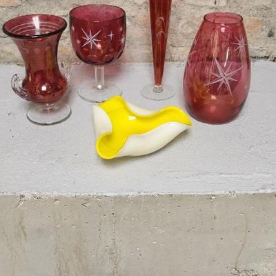 Sale Photo Thumbnail #282: Awesome vintage pieces of cranberry flash and a gorgeous yellow cased blown trinket.