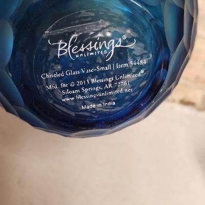 Sale Photo Thumbnail #318: Gorgeous blue chiseled Blessings vase, a very old silver teapot and a sweet blown bride and groom