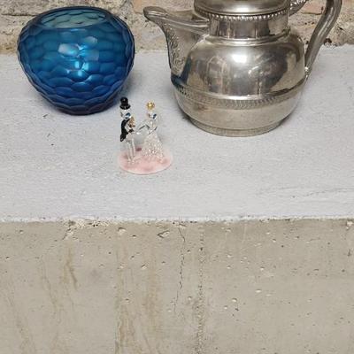 Sale Photo Thumbnail #304: Gorgeous blue chiseled Blessings vase, a very old silver teapot and a sweet blown bride and groom