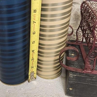 Sale Photo Thumbnail #406: 2 cute kitchen Santa's, a couple tins, stocking hangers and a metal reindeer basket