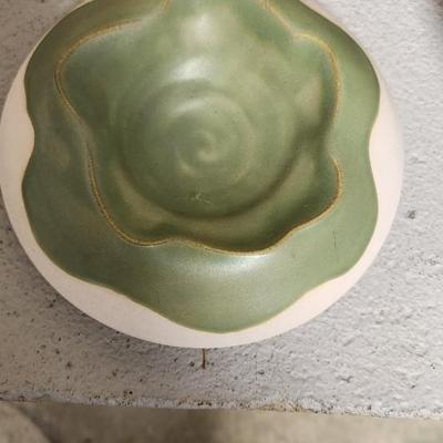 Sale Photo Thumbnail #411: Great carved covered Lazy Susan from the Philippines. A cork trivet and a really beautiful studio pottery piece