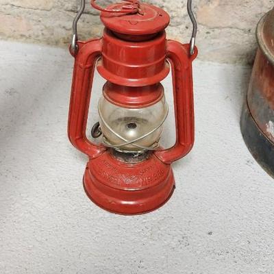 Sale Photo Thumbnail #438: Awesome old eagle gas can, lard bucket and a cute little red lantern