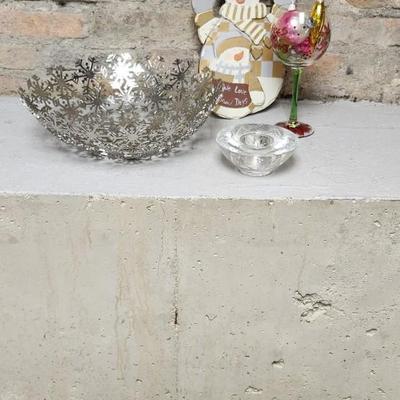 Sale Photo Thumbnail #488: Big metal snowflake bowl, Orrefors Holly votive, painted wine glass, vintage ornaments and more