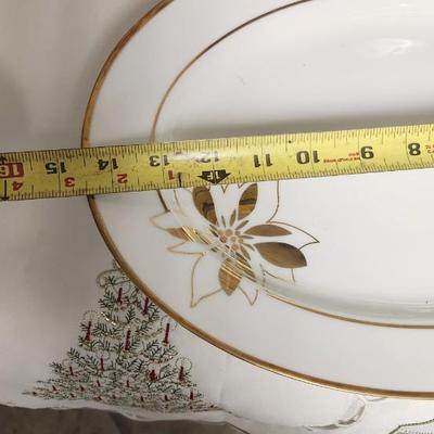 Sale Photo Thumbnail #617: Nice lot with holiday porcelain, large glass platter, hearth scarf