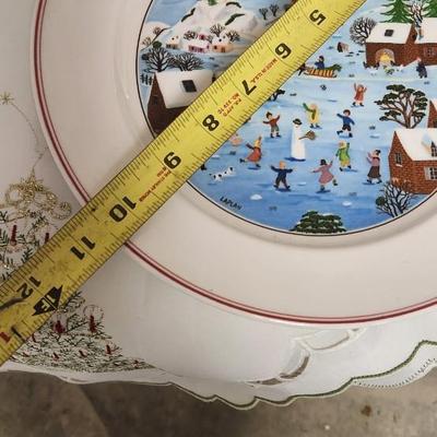 Sale Photo Thumbnail #619: Nice lot with holiday porcelain, large glass platter, hearth scarf