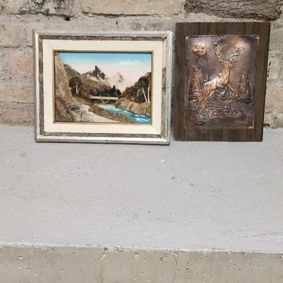 Sale Photo Thumbnail #700: Copper piece on wood and a really neat piece made from bark and moss etc