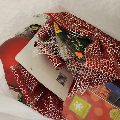 Sale Photo Thumbnail #770: Bin and bag of decor, wrapping, ribbon etc
