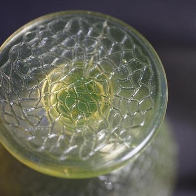 Sale Photo Thumbnail #4: Lot 1

L.E Smith Glass  EArly 20th century.Vaseline crackle glass sherbet dessert set 
unique set of sherbets with plates. 
three mold blown 
There are two colors in the mix. One is the vaseline color for the sherbets except two are yellow . the plates ar