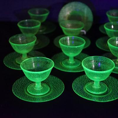 Sale Photo Thumbnail #8: Lot 1

L.E Smith Glass  EArly 20th century.Vaseline crackle glass sherbet dessert set 
unique set of sherbets with plates. 
three mold blown 
There are two colors in the mix. One is the vaseline color for the sherbets except two are yellow . the plates ar