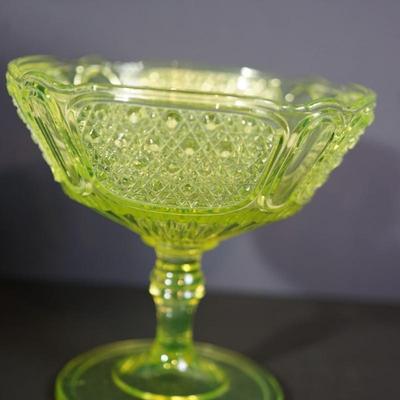 Sale Photo Thumbnail #25: Circa 1880-1890;s 
Antique pressed pattern compote of just under 7" in height. the bowl has a height of approximate 4" deep
turned glass pedestal with bowl of Daisy & Button pattern panelled sides. 
very well designed. 
UV light fluorescent 

there is a v