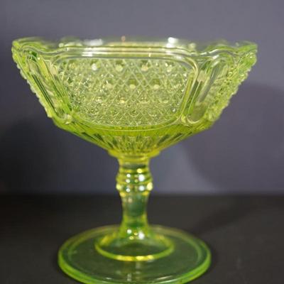 Sale Photo Thumbnail #26: Circa 1880-1890;s 
Antique pressed pattern compote of just under 7" in height. the bowl has a height of approximate 4" deep
turned glass pedestal with bowl of Daisy & Button pattern panelled sides. 
very well designed. 
UV light fluorescent 

there is a v