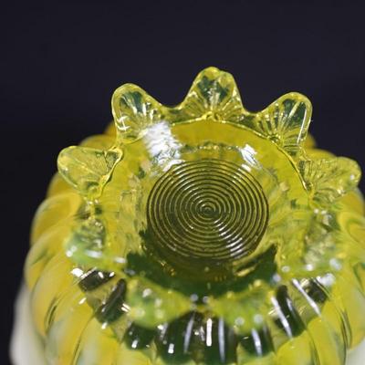 Sale Photo Thumbnail #39: 1890's Lady Caroline pattern creamer and sugar
yellow pattern glass 
opalecent rim
Height of the creamer is 2"
Height of the sugar bowl 2 1/2"

Condition: the creamer has severl areas of surface cracks due to temperature changes or stress cracks.I please 