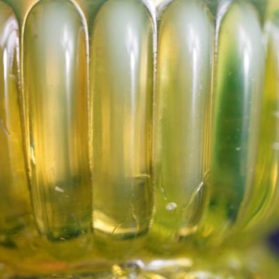 Sale Photo Thumbnail #42: 1890's Lady Caroline pattern creamer and sugar
yellow pattern glass 
opalecent rim
Height of the creamer is 2"
Height of the sugar bowl 2 1/2"

Condition: the creamer has severl areas of surface cracks due to temperature changes or stress cracks.I please 