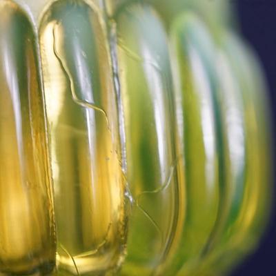 Sale Photo Thumbnail #43: 1890's Lady Caroline pattern creamer and sugar
yellow pattern glass 
opalecent rim
Height of the creamer is 2"
Height of the sugar bowl 2 1/2"

Condition: the creamer has severl areas of surface cracks due to temperature changes or stress cracks.I please 