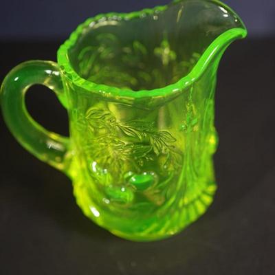 Sale Photo Thumbnail #45: creamer of 4 1/2" to 4 3/4" two mold glass of vaseline glass color UV light fluorescent 
the color is the light green vaseline color and perhaps should be more of a yellow color for this pattern
I question that it is a reproduction from the 60's or ?