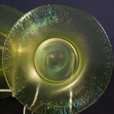 Sale Photo Thumbnail #60: group of 3 8" vaseline glass stretch glass plates. The have the look of favrille glass, multi color in the right light, 
UV light fluorescent
condition: no chips or cracks. the centers may need additional cleaning as slighty foggy. please see photo.